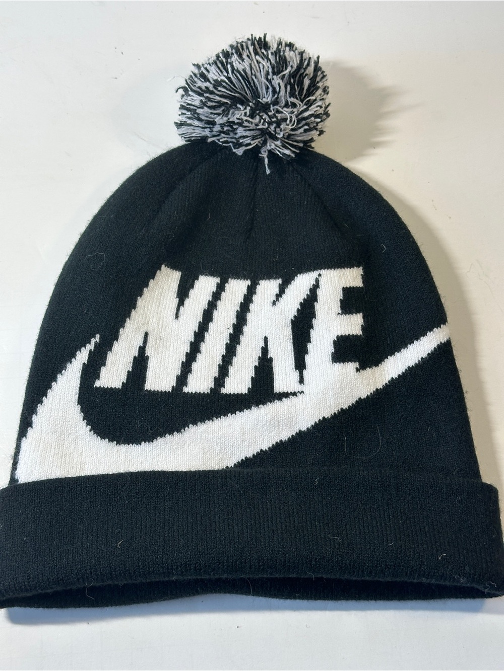 Nike Youth Black White Big Swoosh Pom Pom Knit Beanie Winter Hat